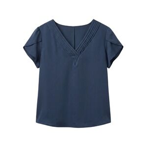 Fayenne Pleated V-Neck Blouse Women XL Navy Blue Tulip Sleeve Dress Top